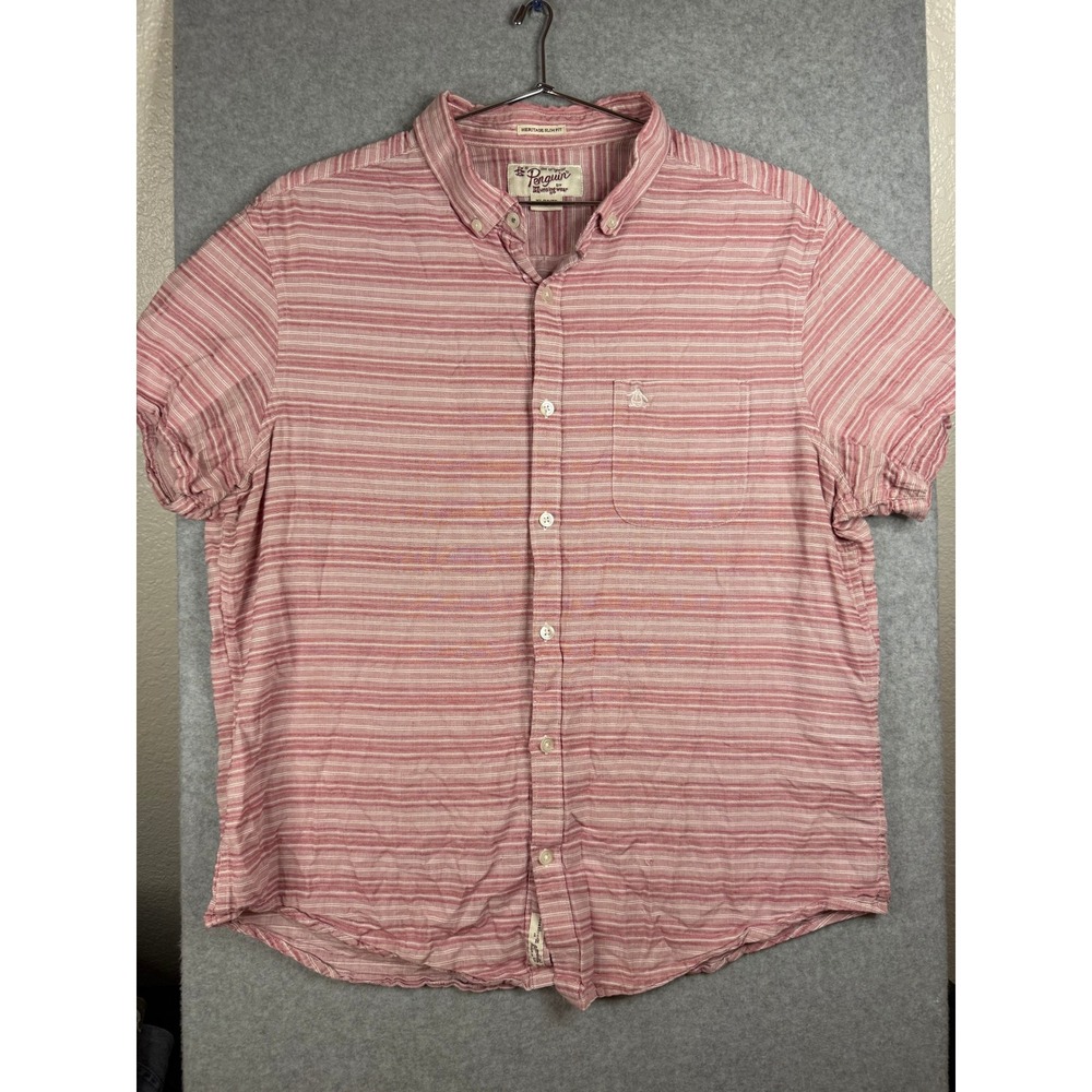 Original Penguin Heritage Slim Fit Red White Striped Short Sleeve Shirt Mens XL